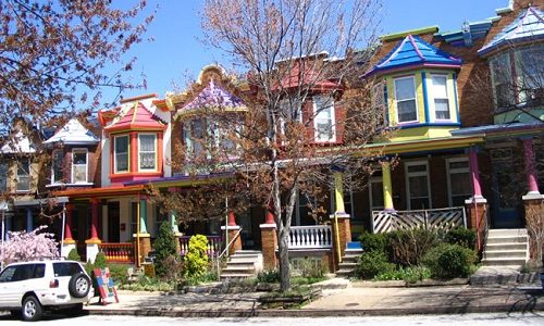 front shot of row homes in charles village, baltimore